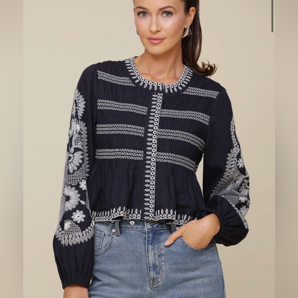 Embroidered Navy blue and White Embroidered Cotton Peplum Jacket